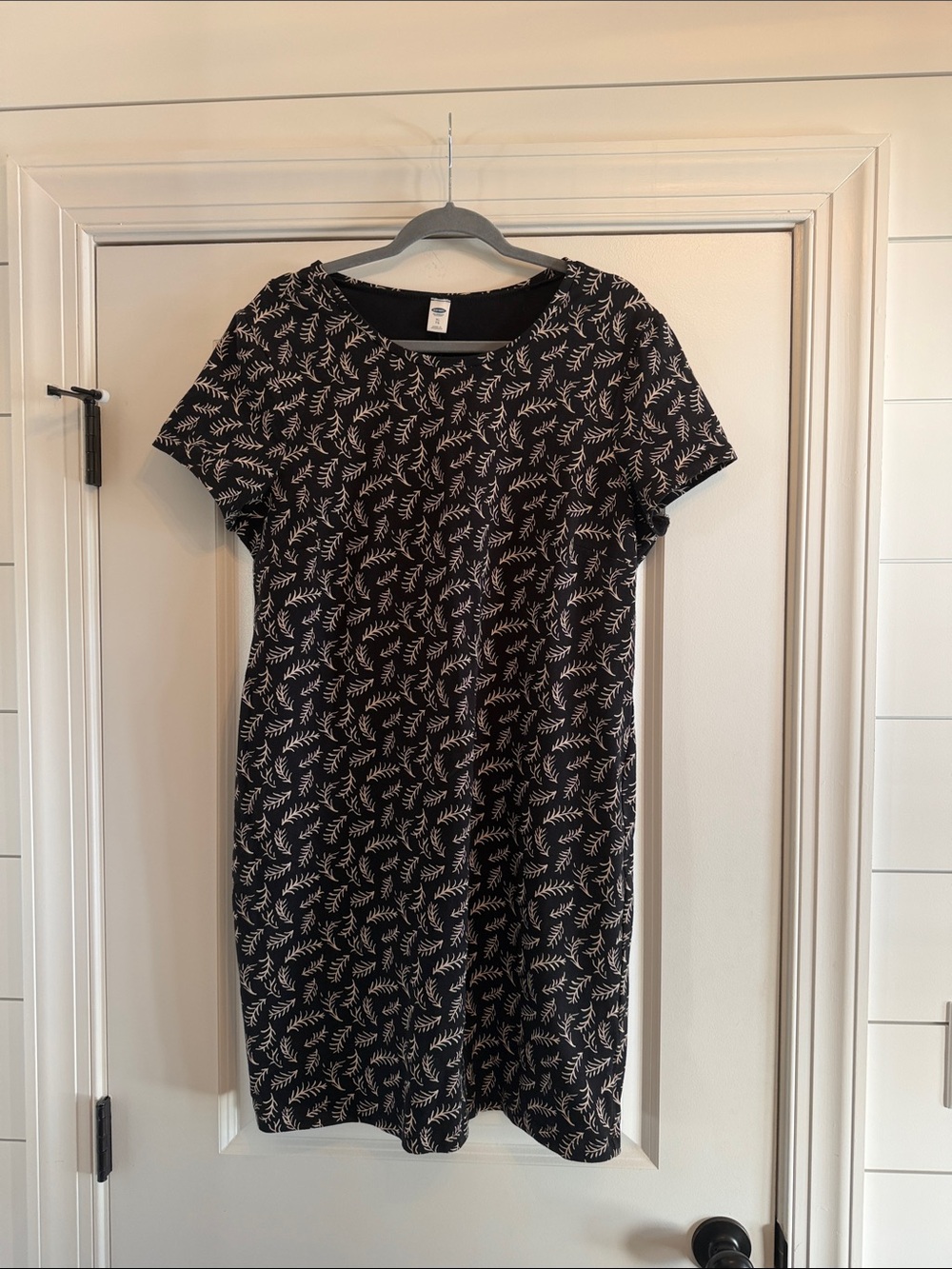 Old Navy Black Midi Dress with Cream Leaf Print